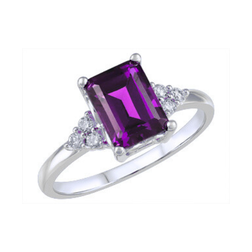 10K White Gold Emerald Cut Amethyst & .09ctw Diamond Ring
