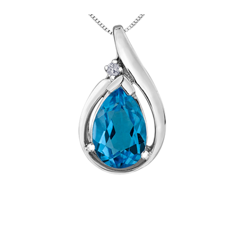 10K White Gold .015ct Diamond & Blue Topaz Pendant with Chain