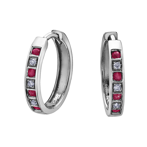 10K White Gold .03ctw Dimond & Ruby Huggies