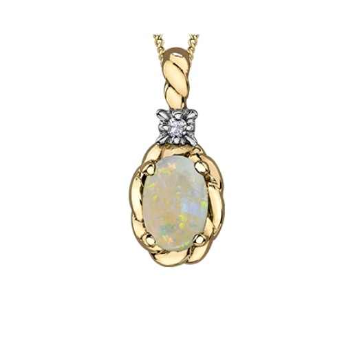 10K Yellow Gold .01ct Diamond and Opal Pendant on Chain