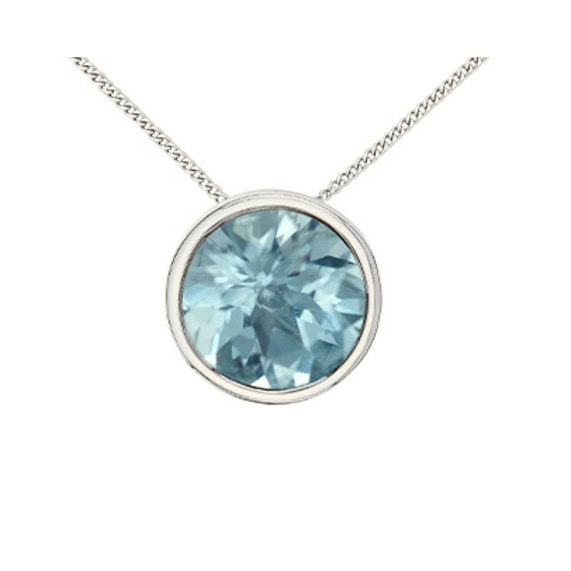 10K White Gold 5mm Aquamarine Bezel Set Pendant on Chain