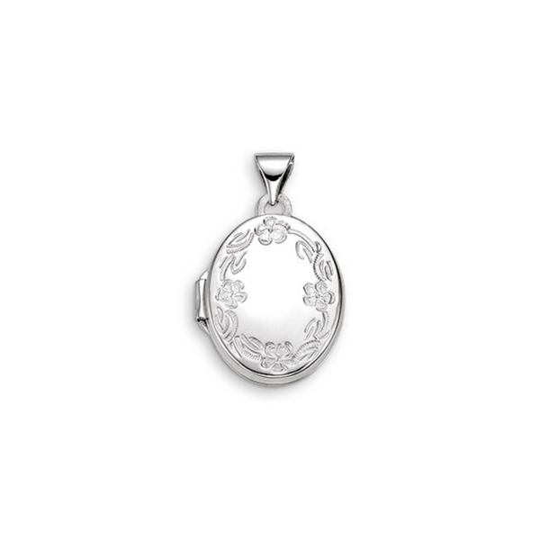 10K White Gold Oval Locket with Engraved Flower