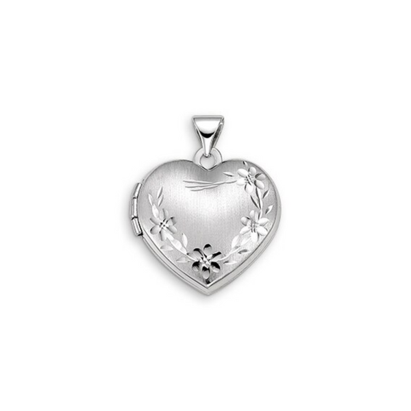 10K White Gold Heart Shape Flower Engraved Locket