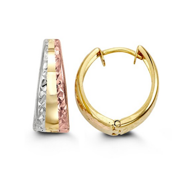 10K Tri Gold Diamond Cut Reversible Huggie Earrings