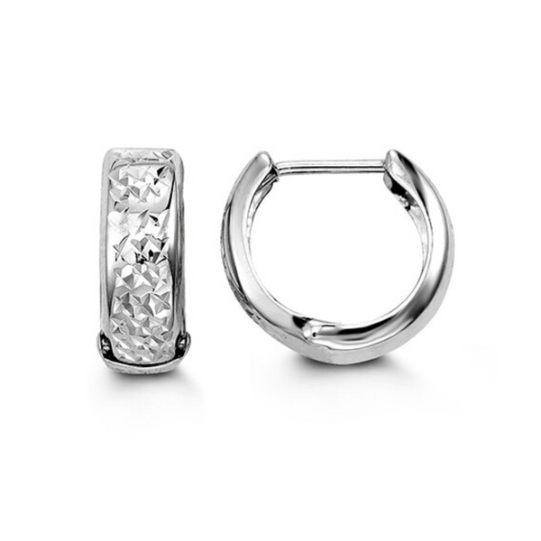 10K White Gold Diamond Cut Huggie Hoops