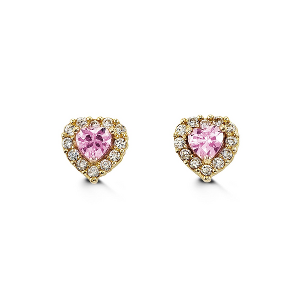 14K Yellow Gold Baby Pink Heart Halo Earrings