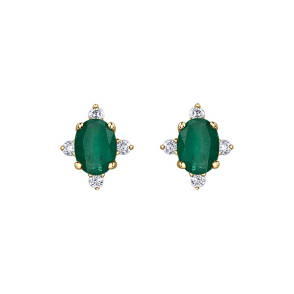 10K White Gold .04ctw Diamond & 4x3mm Oval Emerald Stud Earrings