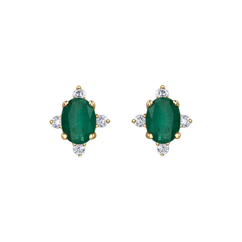 10K White Gold .04ctw Diamond & 4x3mm Oval Emerald Stud Earrings