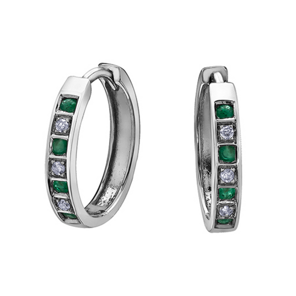 10K White Gold .03ctw Diamond & Emerald Huggies