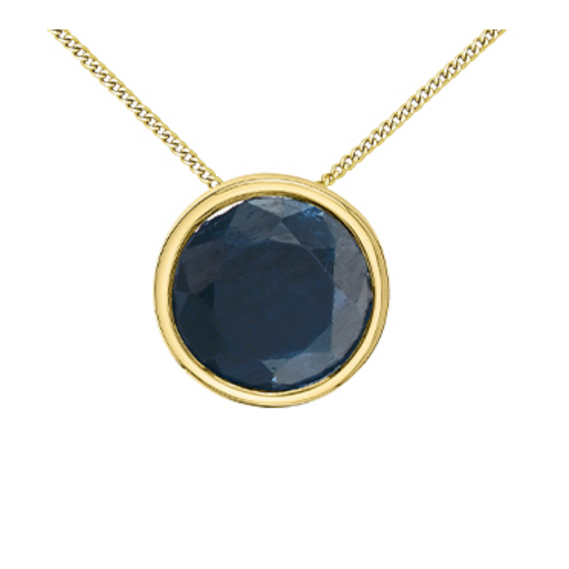 10K Yellow Gold 5mm Sapphire Bezel set Pendant on Chain