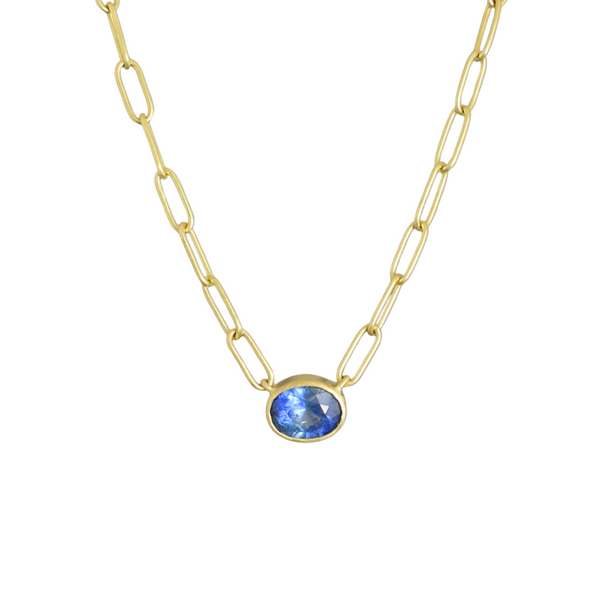 14K Yellow Gold 18" Oval Sapphire Bezel set Pendant Paperclip Necklace
