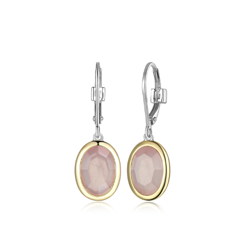 ELLE "MIRAGE" Rhodium and Gold Plated Two-Tone Genuine Oval Rose Quartz Bezel Set Leverback Earrings