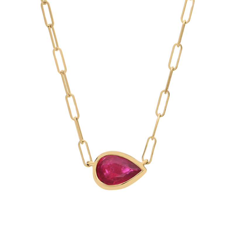 14K Yellow Gold Pear shaped Ruby Bezel Pendant on Paperclip Chain