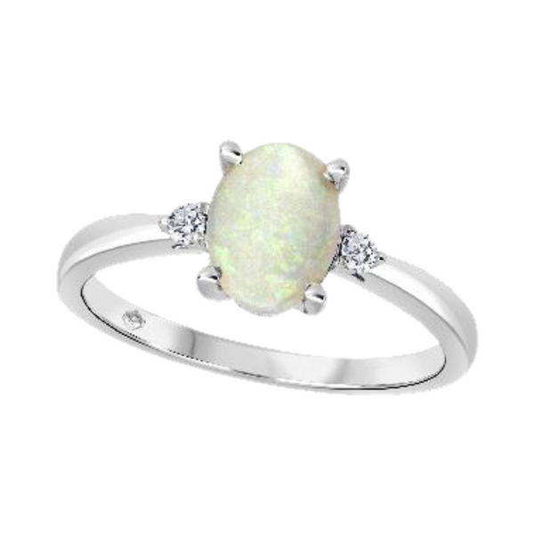 10K White Gold .05ctw Canadian Diamond &amp; 8x6mm Oval Opal Ring