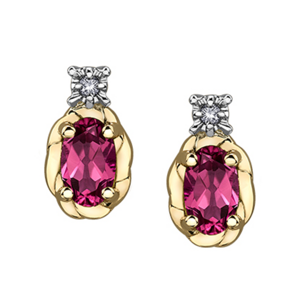 10K Yellow Gold 5x3mm Oval Pink Topaz & .015ctw Diamond Stud Earrings