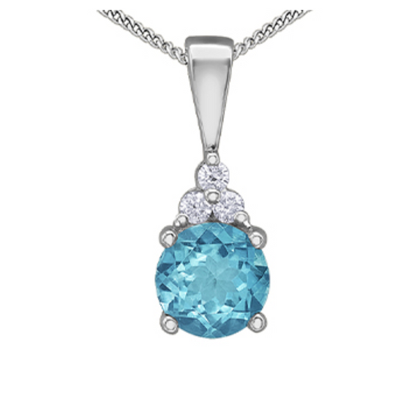 10K White Gold 5mm Blue Topaz & .03ctw Diamond Pendant with Chain