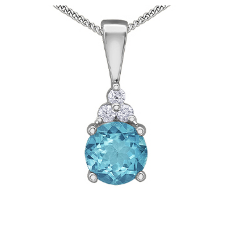 10K White Gold 5mm Blue Topaz & .03ctw Diamond Pendant with Chain