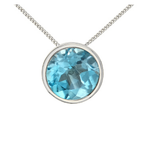10K White Gold 5mm Blue Topaz Bezel set Pendant on Chain