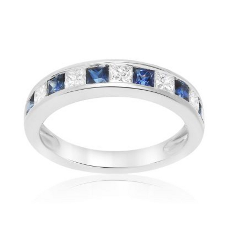 14K White Gold .39ctw Princess cut Channel Diamond & Sapphire Band