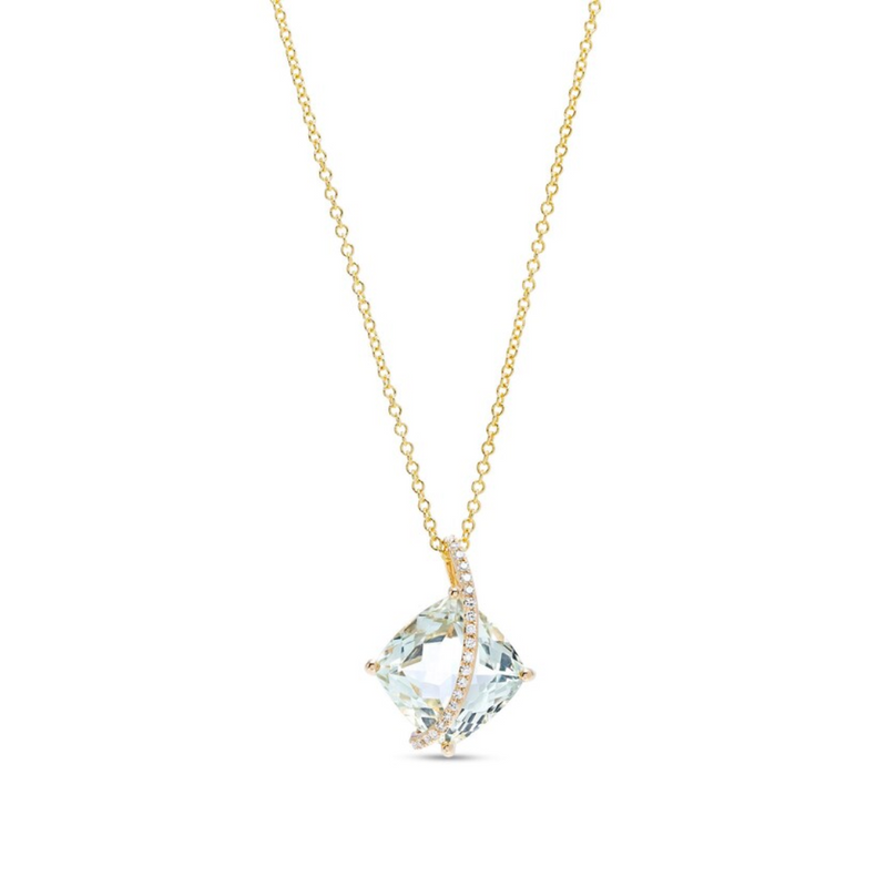 14K Yellow Gold Green Amethyst & .08ctw Diamond Pendant on Chain