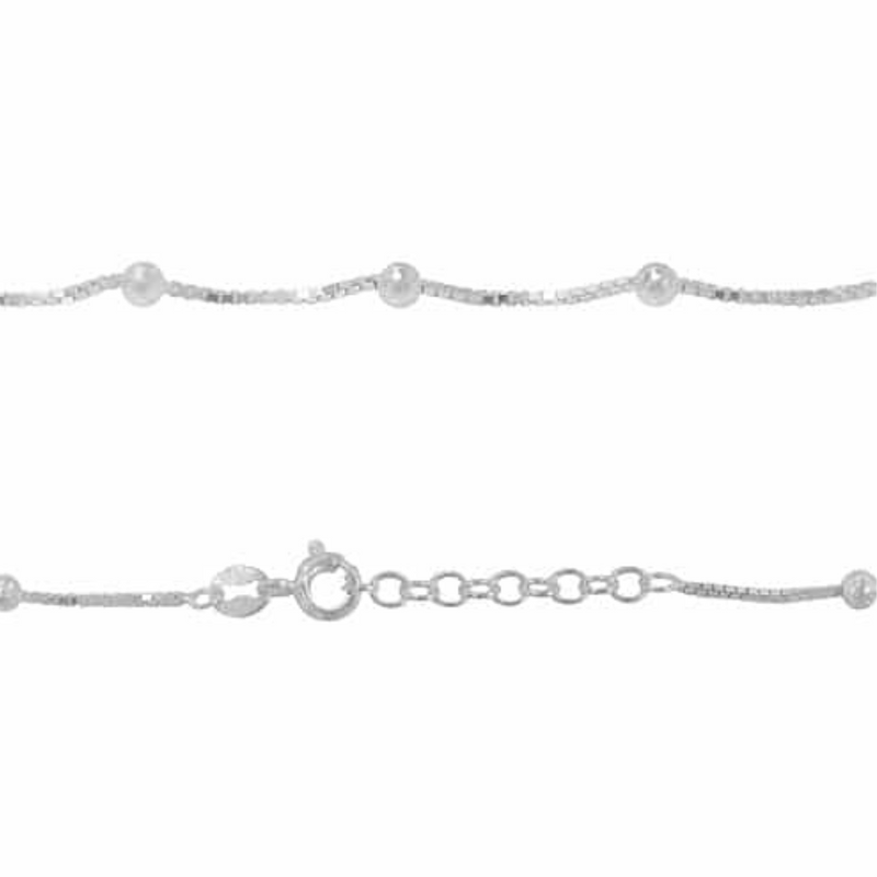 Sterling Silver 9+1" 3mm beads Box link Anklet