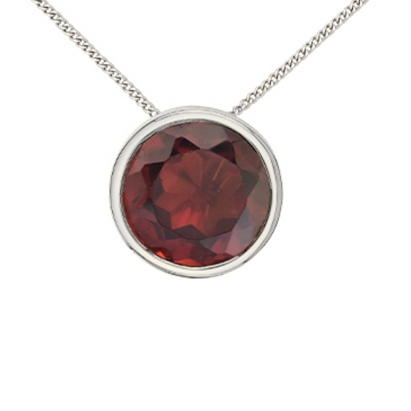 10K White Gold 5mm Garnet Bezel set Pendant on Chain