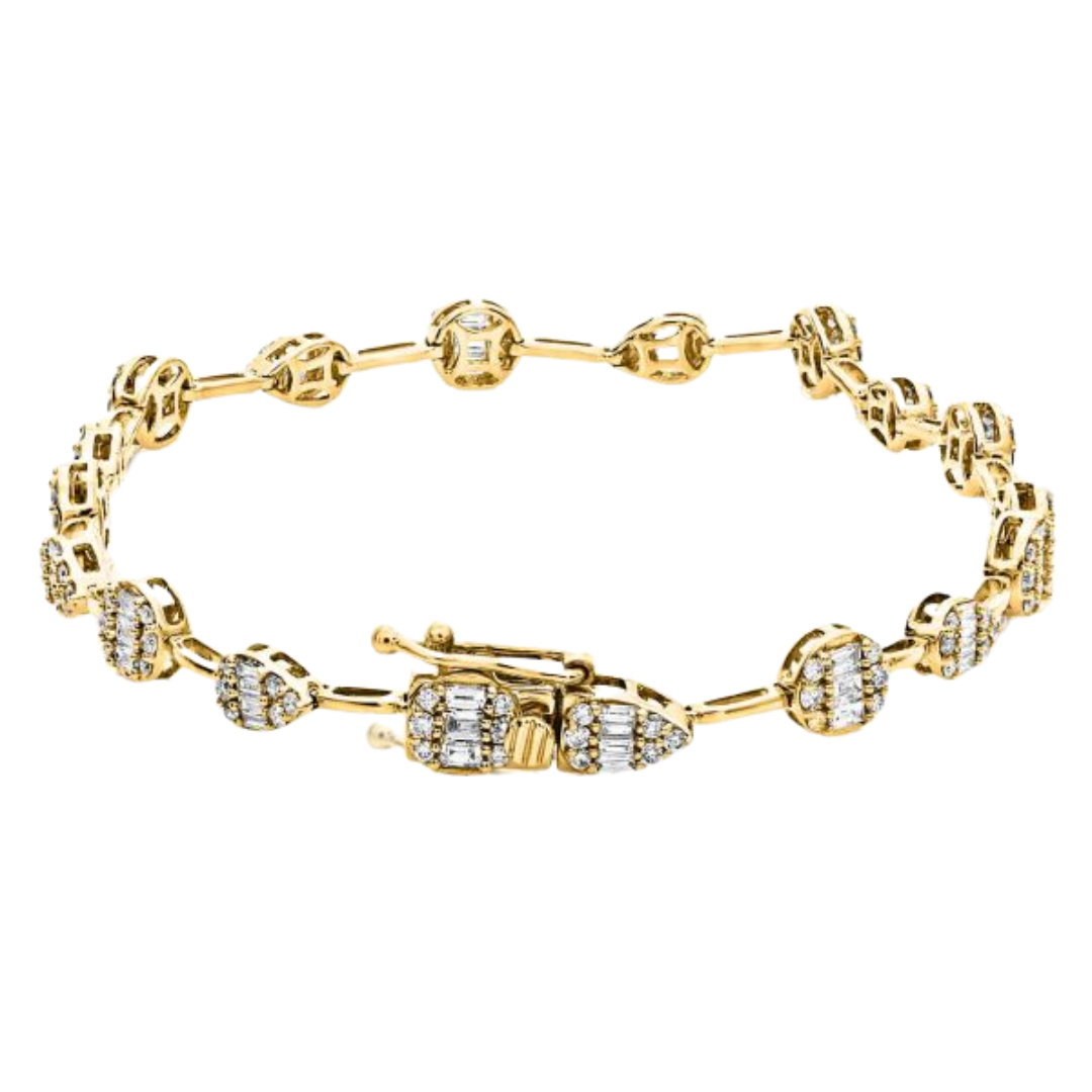 14K Yellow Gold 1.56ctw Round Brilliant and Baguette Diamond Bracelet