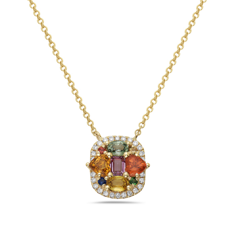 14K Yellow Gold 16/17/18" Rainbow Sapphire & .13ctw Diamond Halo Pendant Necklace