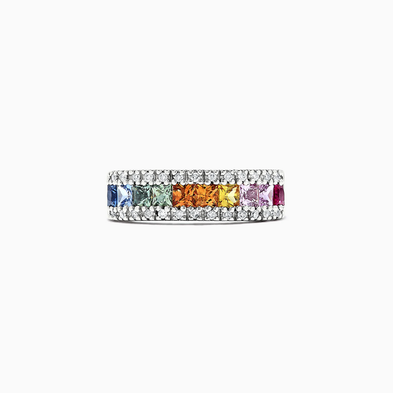 14K White Gold Natural Ceylon/Blue/Green/Pink/Orange/Yellow Sapphire & .13ctw Diamond Band
