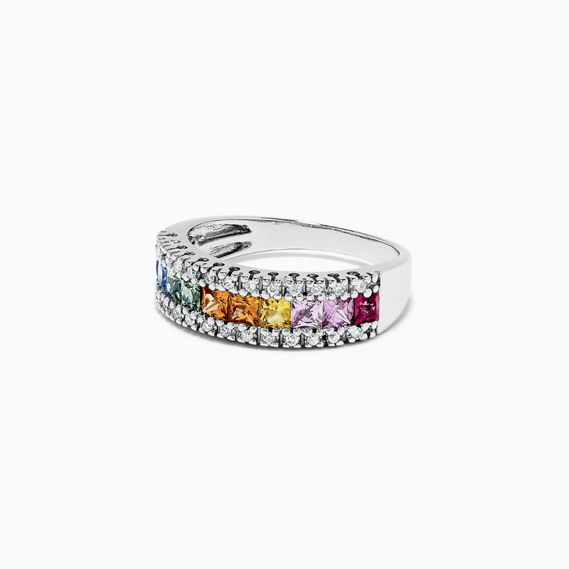 14K White Gold Natural Ceylon/Blue/Green/Pink/Orange/Yellow Sapphire & .13ctw Diamond Band