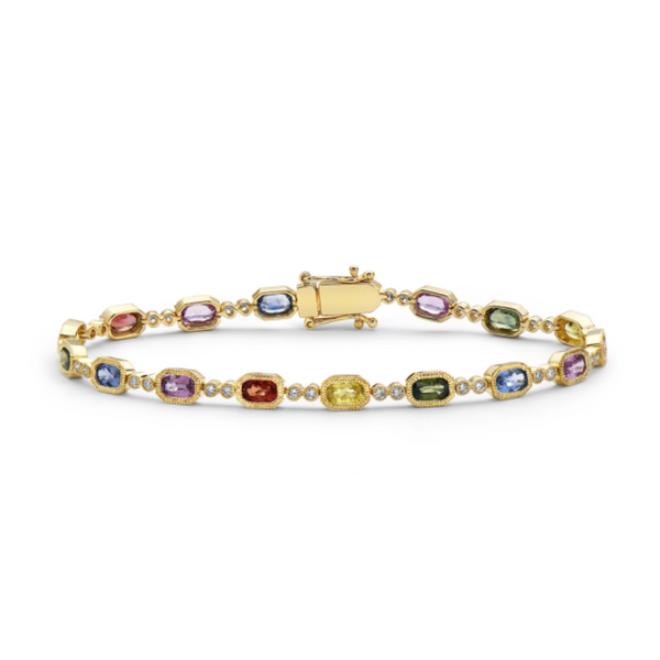 14K Yellow Gold Oval Rainbow Sapphire & .50ctw Round Brilliant Diamond Beaded Tennis Bracelet