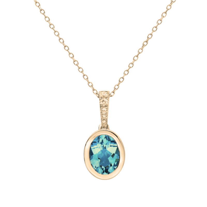 14K Yellow Gold 16/17/18" Oval London Blue Topaz & .06ctw Diamond Bezel Set Pendant on Chain