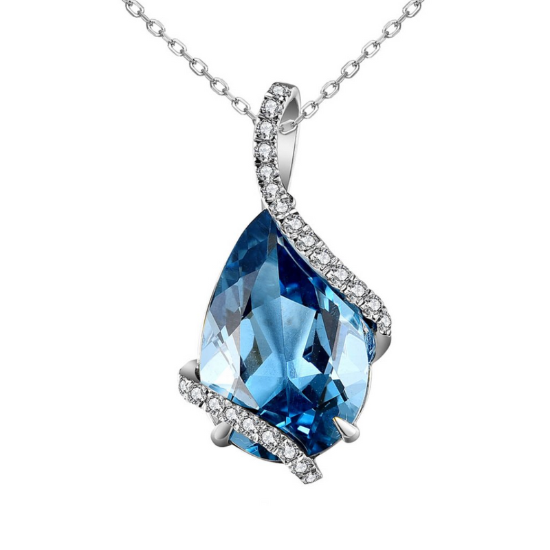 14K White Gold 16/17/18" Oval London Blue Topaz & .19ctw Diamond Overlap Pendant on Chain