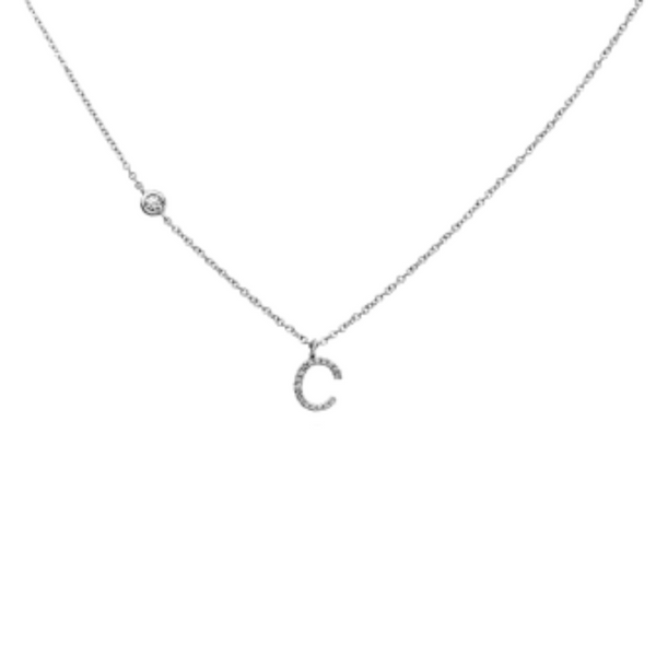 14K White Gold .09ctw Diamond "C" Initial 16/17/18" Necklace with Adjustable Chain