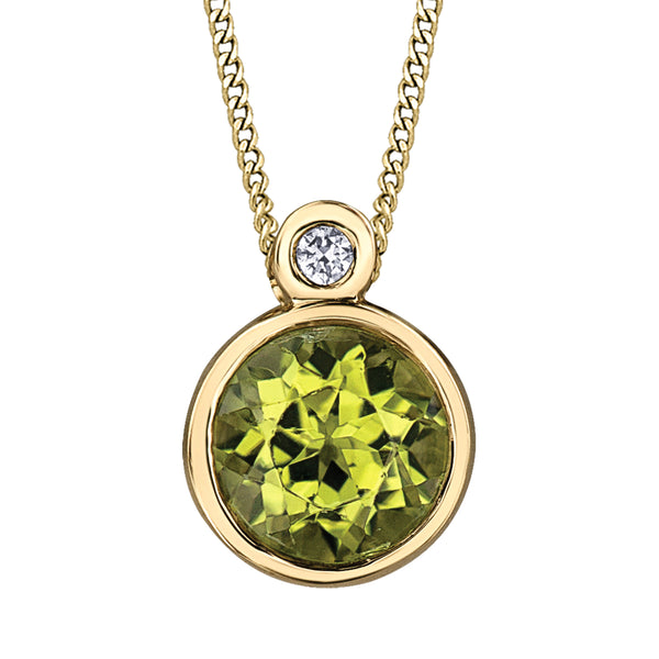 10K Yellow Gold Diamond & Bezel Set Peridot Pendant with Chain