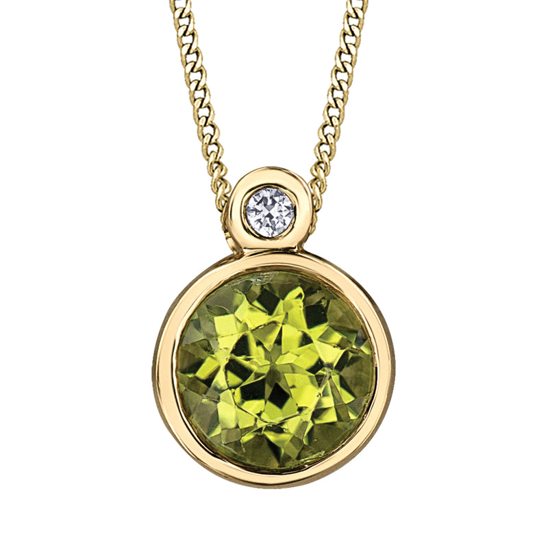 10K Yellow Gold Diamond & Bezel Set Peridot Pendant with Chain
