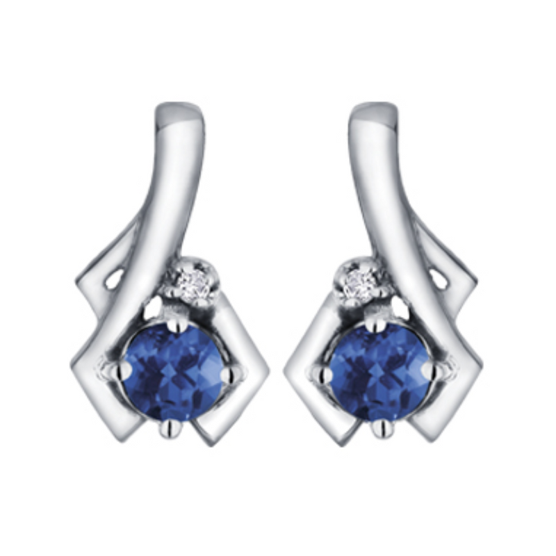 10K White Gold 3mm Round Brilliant Sapphire & .007ctw Diamond Earrings