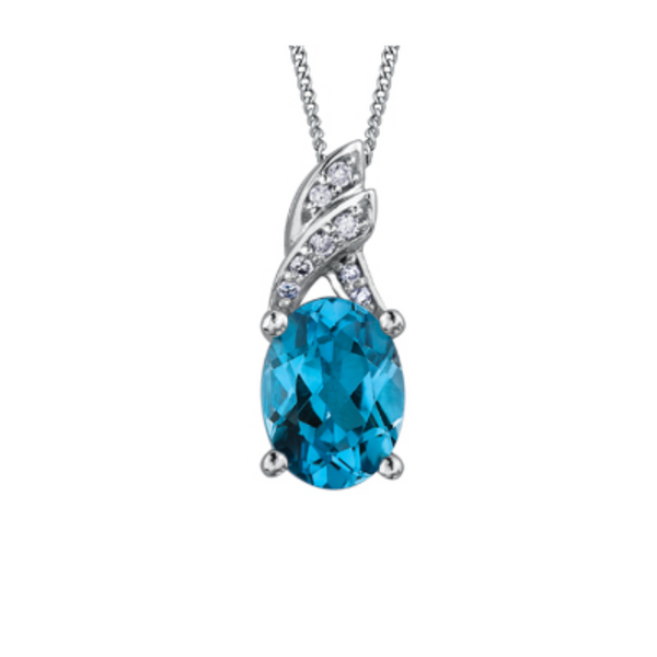 10K White Gold Oval Blue Topaz & .04ctw Diamond Pendant on Chain