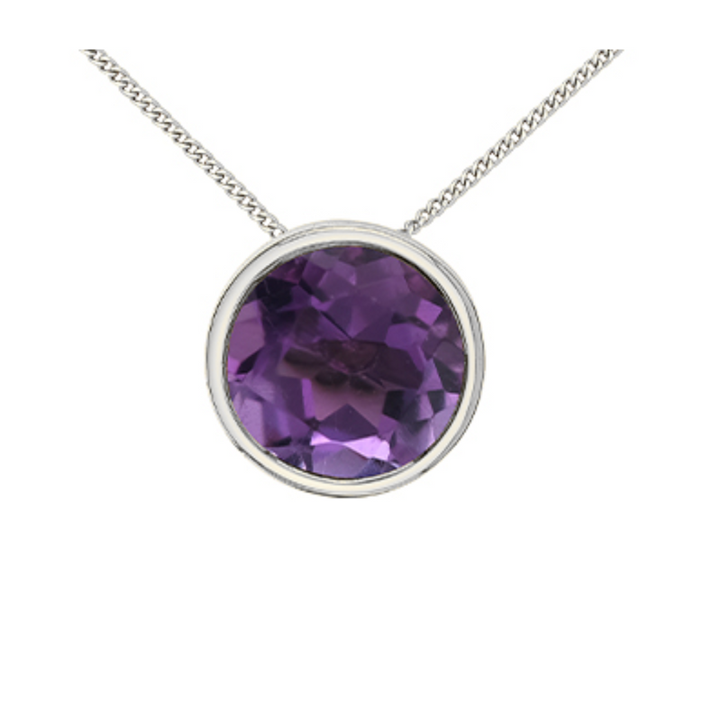 10K White Gold 5mm Amethyst Bezel set Pendant on Chain