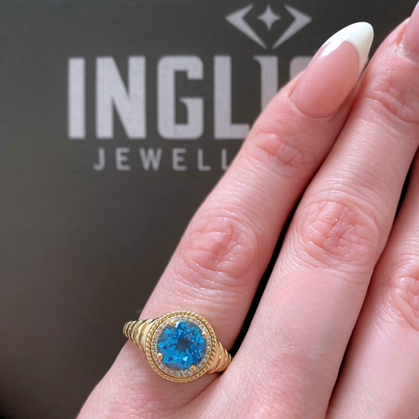 14K Yellow Gold Round Brilliant Blue Topaz & .08ctw Diamond Beaded Double Halo Ring