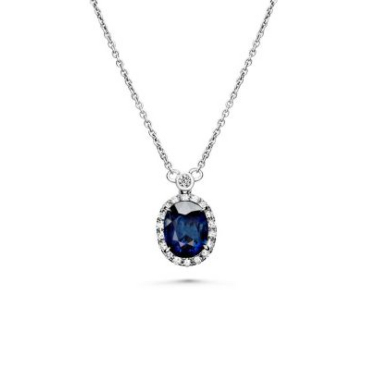 18K White Gold .23ctw Diamond Halo Oval Natural Sapphire Pendant on Chain