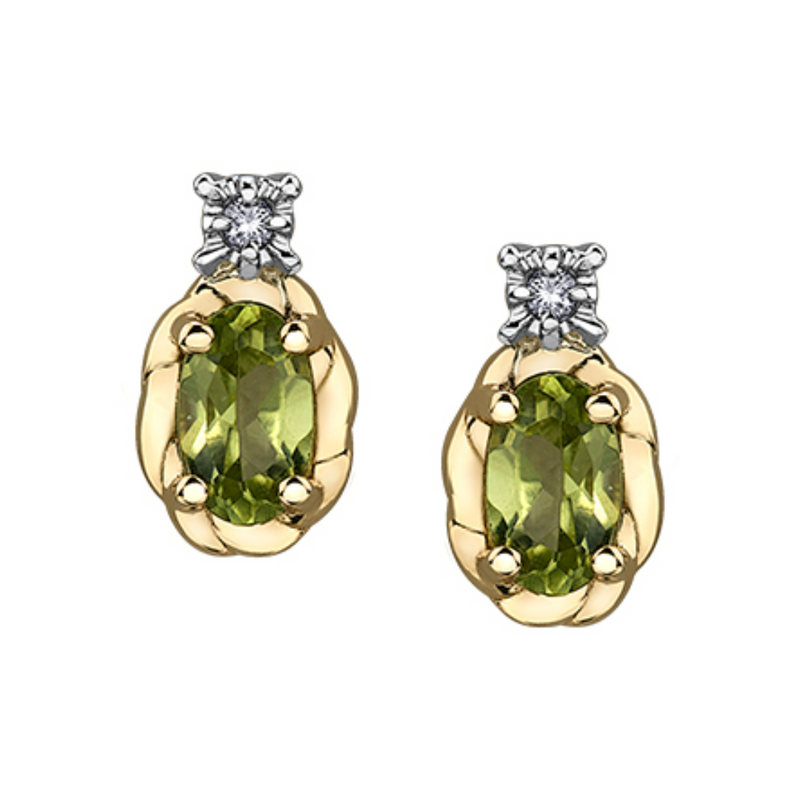 10K Yellow Gold 5x3mm Oval Peridot & .015ctw Diamond Stud Earrings