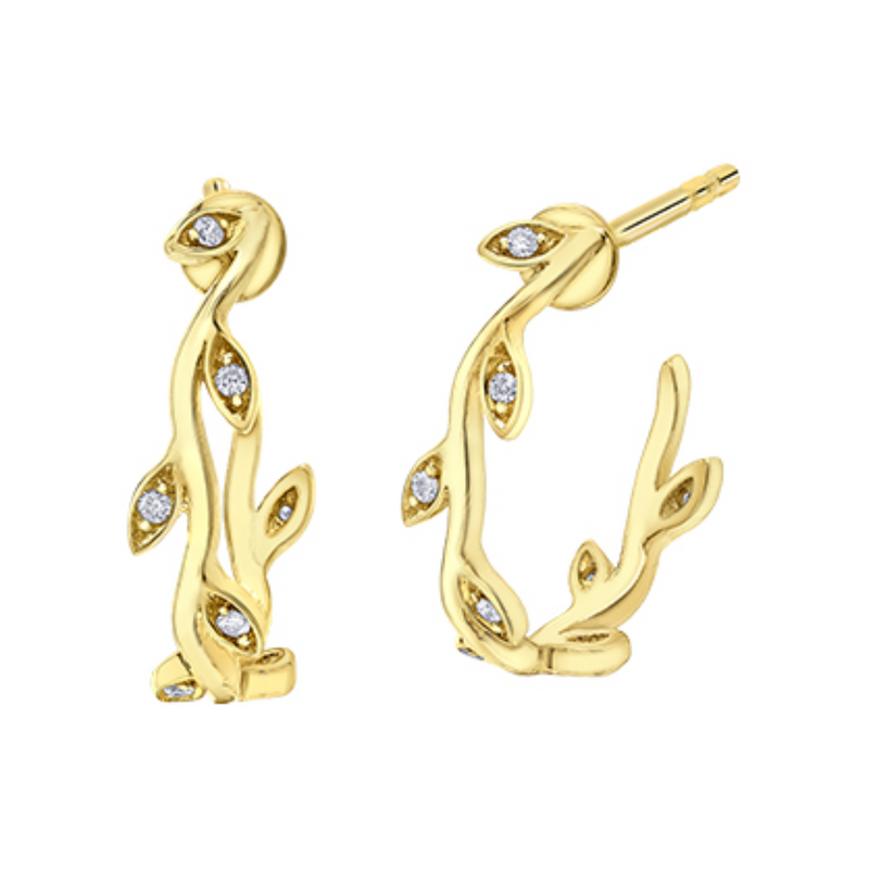10K Yellow Gold .05ctw Diamond Vine J Shape Studs
