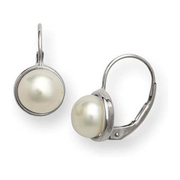 14K White Gold Button Pearl Leverback Earrings