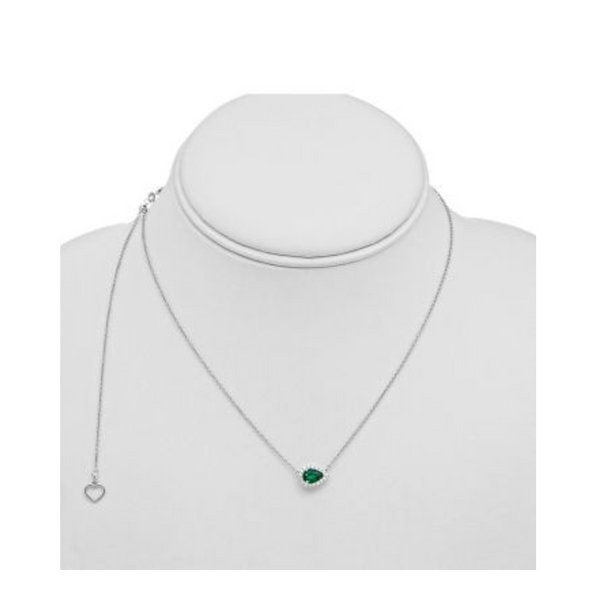 14K White Gold 0.14ctw Diamond and Pear Shaped Emerald Halo Sideways Pendant on a Chain