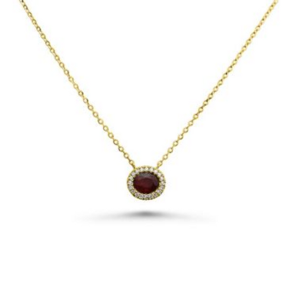14K Yellow Gold .06ctw Diamond & Oval Ruby Horizontal Necklace with Halo