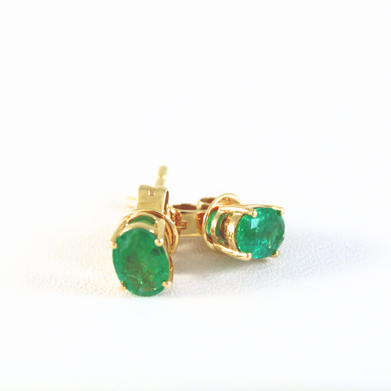 14K Yellow Gold Oval Emerald Studs