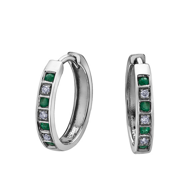 10K White Gold Emerald & Diamond Huggies