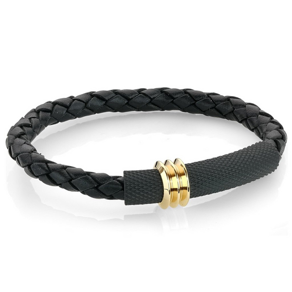 Italgem Black and Gold Bolo Leather Bracelet with Mesh Plate