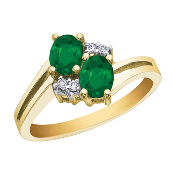 10K Yellow Gold Diamond & Two Emerald Ring